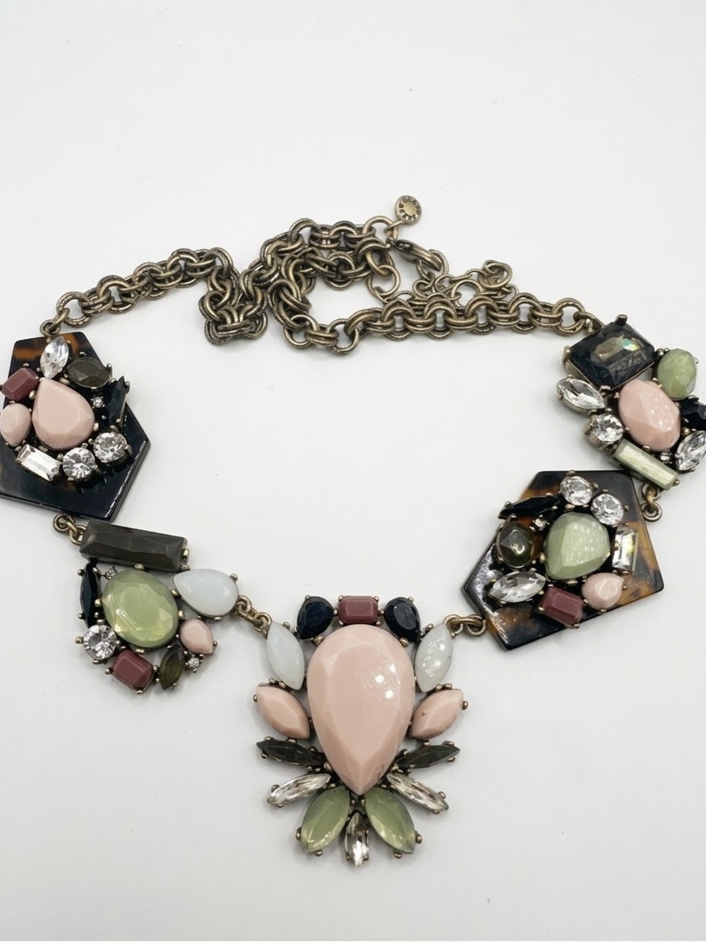 J Crew Tortoise Shell Resin Rhinestone Statement Bib Necklace Gold Tone Signed
